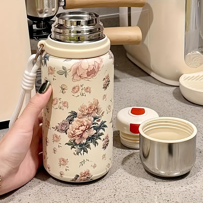 Cute Floral Stainless Steel Insulated Water Bottle with Leak-Proof Lid and Cup for Outdoor Travel
