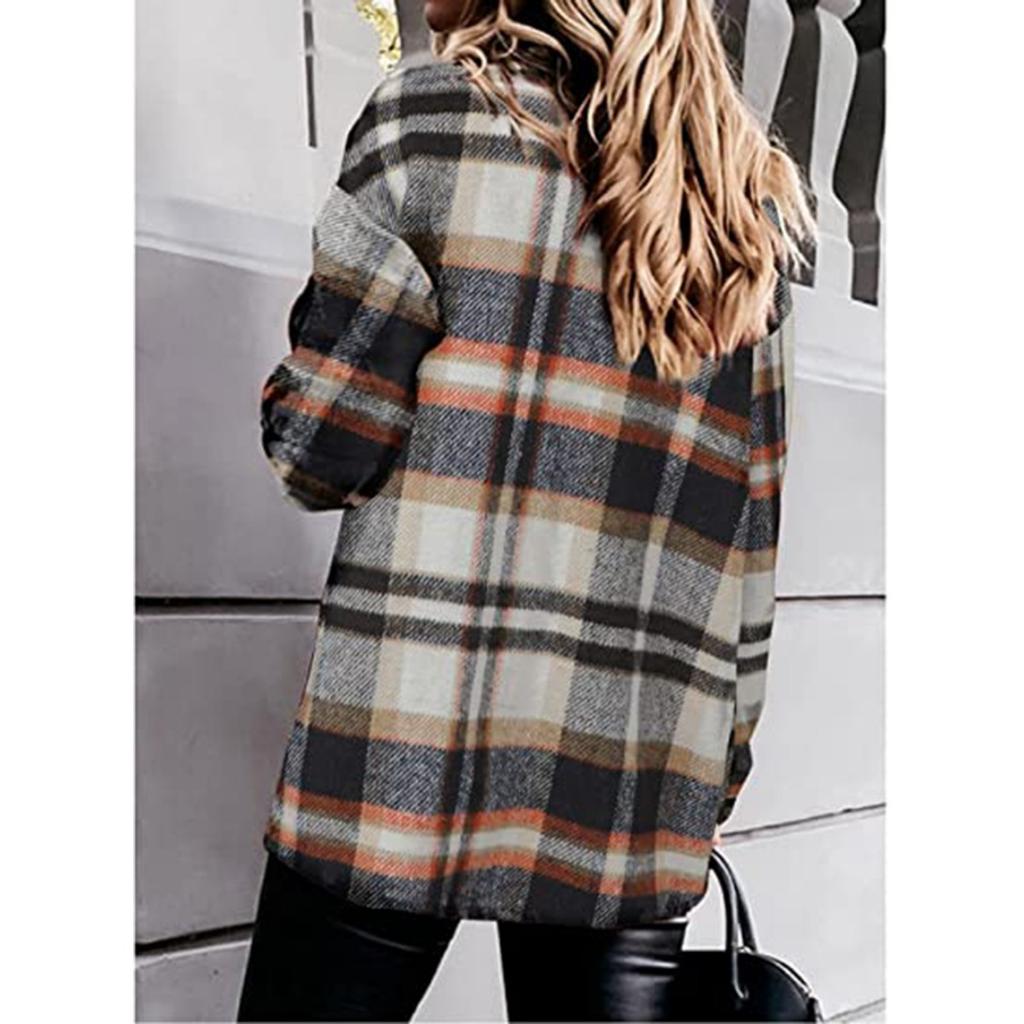 Women's Fall Winter Plaid Wool Blend Shirt Jacket, Long Sleeve Loose Button Down Coat With Pocket, European American Style Casual Outerwear