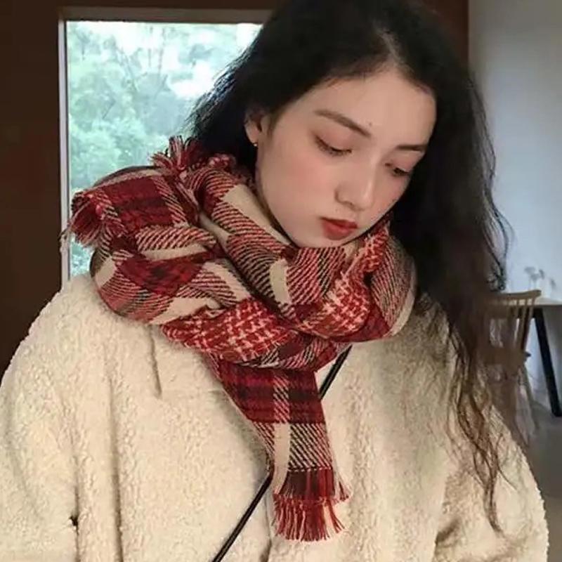 

Рождественский красный шарф женский клетчатый корейский универсальный шаль на шею красный