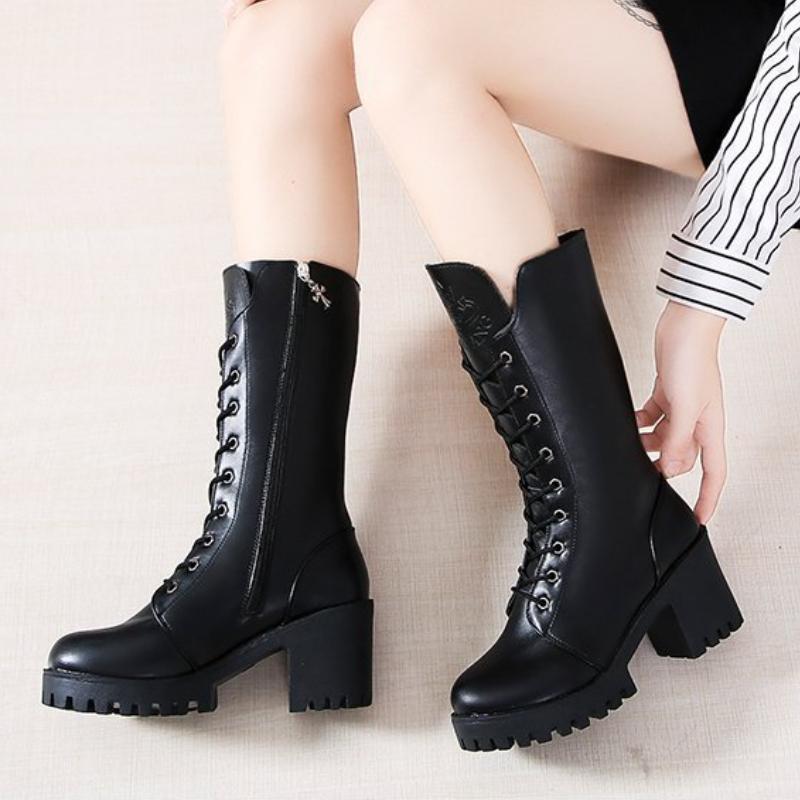 European and American High-heeled Mid Length Boots 2024 Autumn New Style Simple Square Heel Anti Slip Temperament Women's Boots