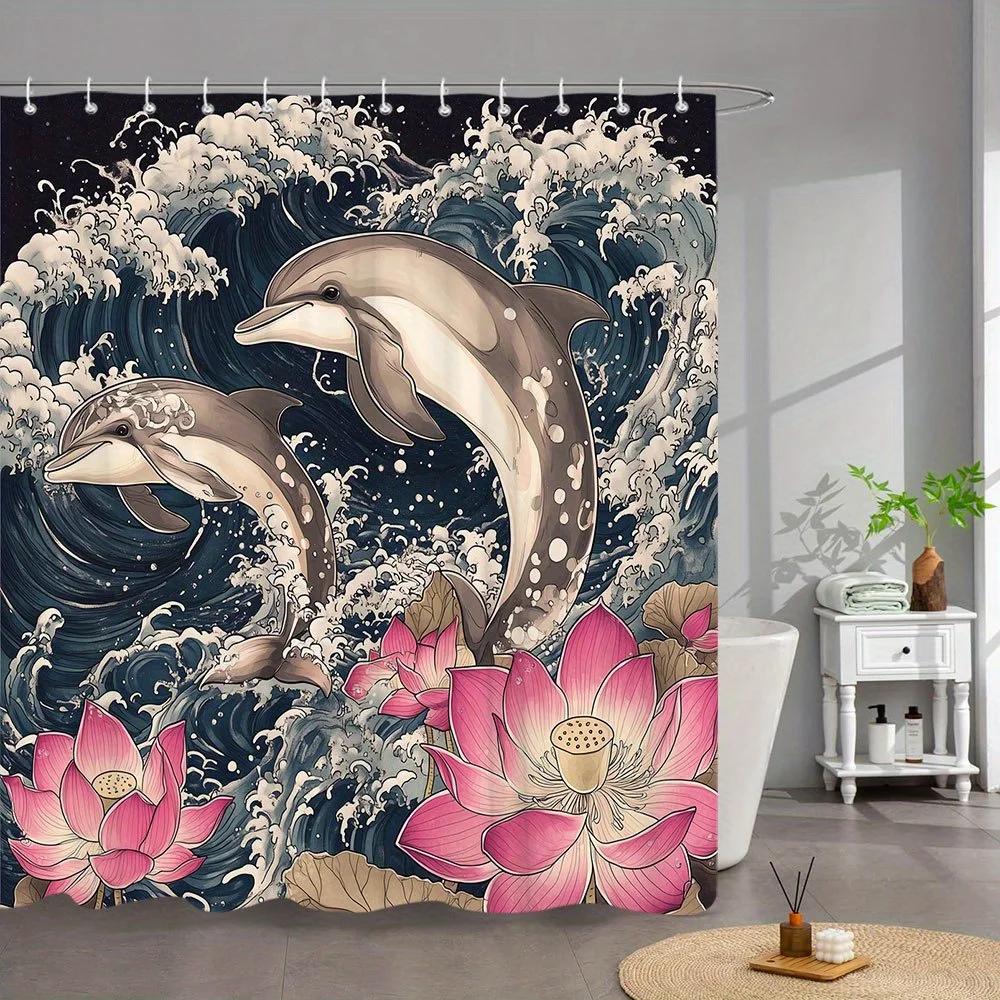 Japanese Dolphins Bathtub Curtain - Ukiyo-E Style Ocean Art With Leaping Marine Mammals W60H190(CM)-1 Pcs