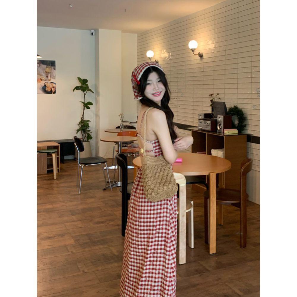 Halter Red Plaid Suspender Dress Women's Summer New French Pastoral Slim Waist Slim Skirt