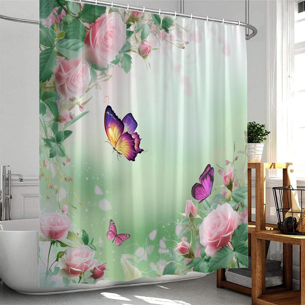Butterfly Floral Shower Curtain Rose Flowers Plant Botanical Bathroom Decor Elegant Polyester Fabric Bath Curtain with Hook