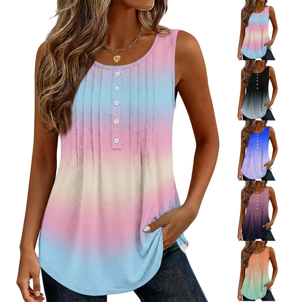 Women Fashion Casual Gradient Tie Dye V Neck Decorative Button Pleated Sleeveless Tank Top Shirt Summer Style