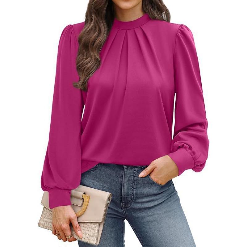 Spring Autumn Stand Collar Loose Casual Elegant Pullover Blouse Women Long Sleeve Solid Color Folds Shirt Top