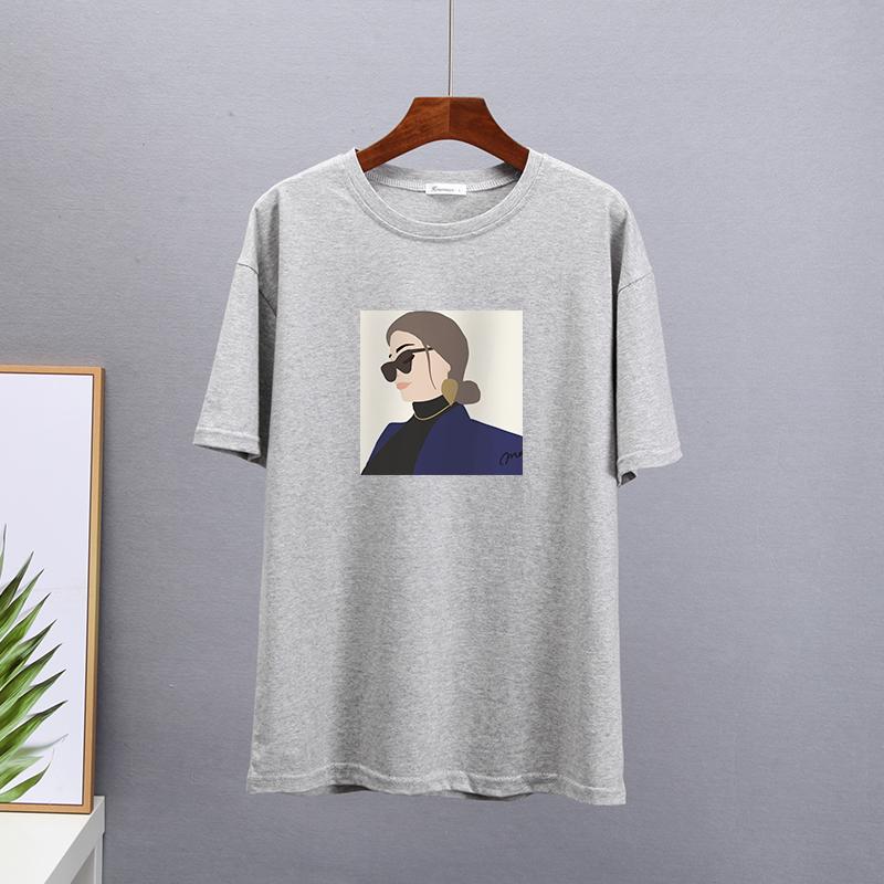 Hirsionsan Elegant Character Printed T Shirt Women Summer Chic Casual Tees Cotton Jumper Clothes Oversized Pullover Female Tops