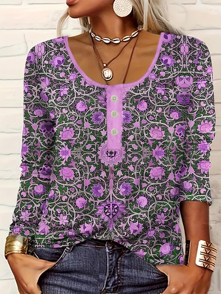 2025 V-neck Women's Ethnic Style Print Button Plus Size Casual T-shirt