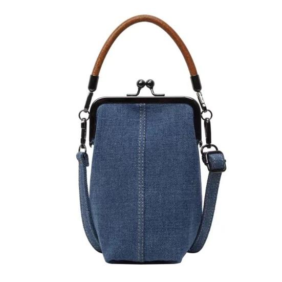 Denim Crossbody Telefoontasje Dames Kiss-Lock Portemonnee Retro Handtas met Tophengsel Verstelbare Schouderband Crossbody Tas voor Bijeenkomsten Feesten
