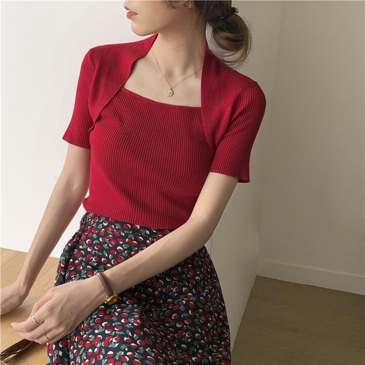 

Летняя женская трикотажная футболка с квадратным вырезом, верхняя рубашка с коротким рукавом, тонкая облегающая нижняя часть с висячими плечами, сплошной цвет One Size красный