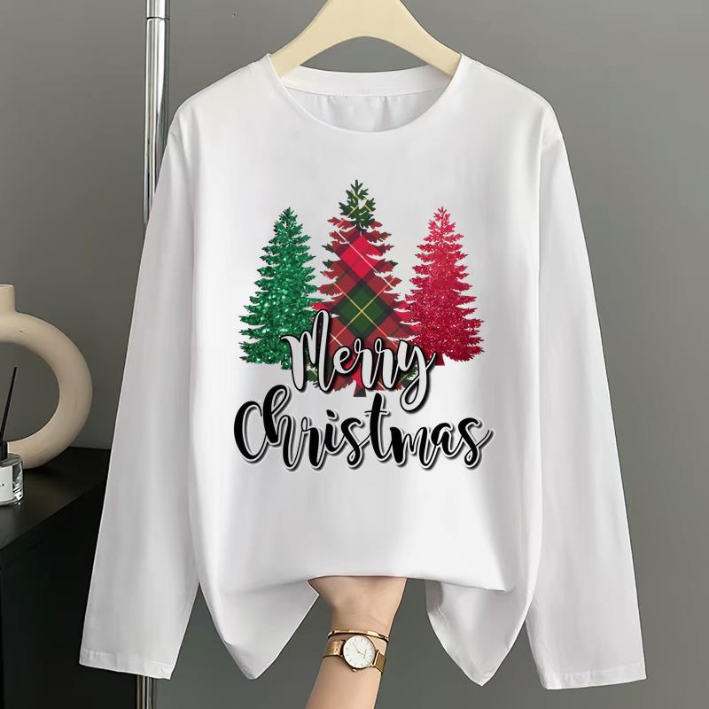 (Asian Size) Letter Lovely Women Autumn Winter Print T Shirt Christmas Holiday Graphic Tee Casual Fashion Top Clothing Long Sleeve T-shirts
