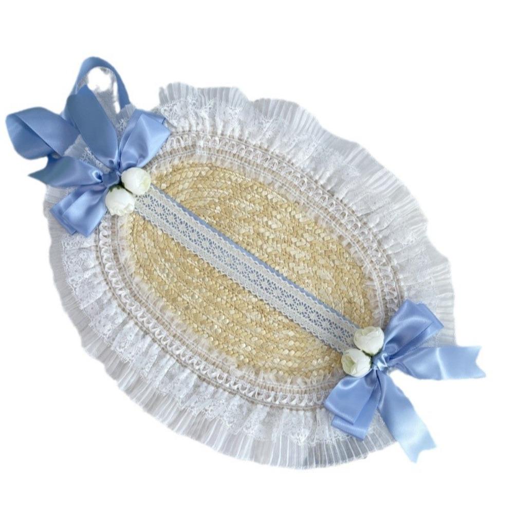 French Rural Style Lolita Straw Hat Ribbon Bow With Strap Ribbon Flower Beach Hat Handmade Ruffle Lace Flat Top Hat