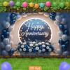 2D Elegant Blue Silver Happy Anniversary Backdrop Balloon and Flower Party Background