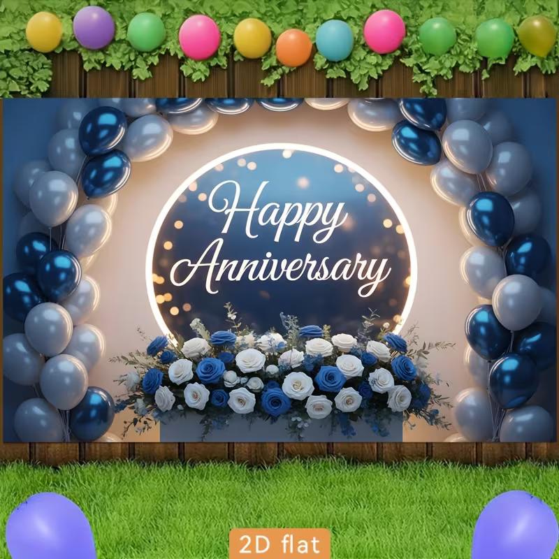 2D Elegant Blue Silver Happy Anniversary Backdrop Balloon and Flower Party Background