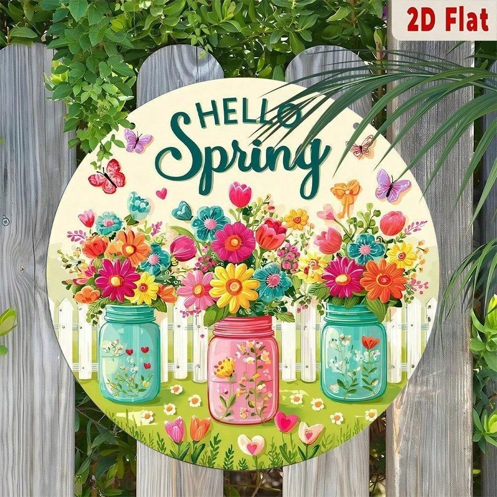 Spring Flower Jar Round Metal Wall Art Aluminum Floral Sign Home Decor Graduation Gift