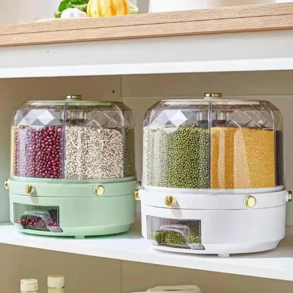 Rotating Cereal Dispenser Household Kitchen Food Sealed Dry Cereal Grain Bucket Dispenser Moisture-proof Container Storage Box