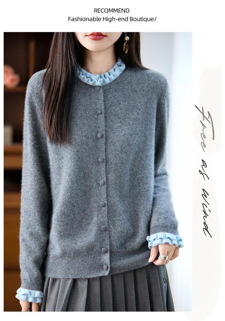 Trendy Women's 100% Wool Knit Cardigan - Thickened Lace-Trimmed Jacket for Autumn/Winter