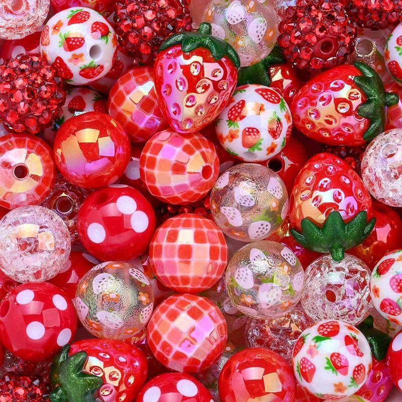 20 Stück Gemischte Rote Runde Erdbeer-Acrylperlen Leicht für DIY Armband Halskette Party-Dekoration Bastelzubehör