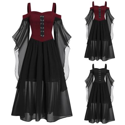 Women's Fashion Halloween Performance Costume Vintage Gothic Solid Colour Patchwork Dresses