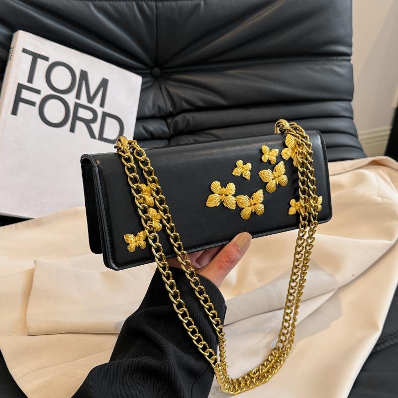 

Premium texture chain underarm small square bag pastoral style shoulder messenger bag butterfly baguette bag women чёрный