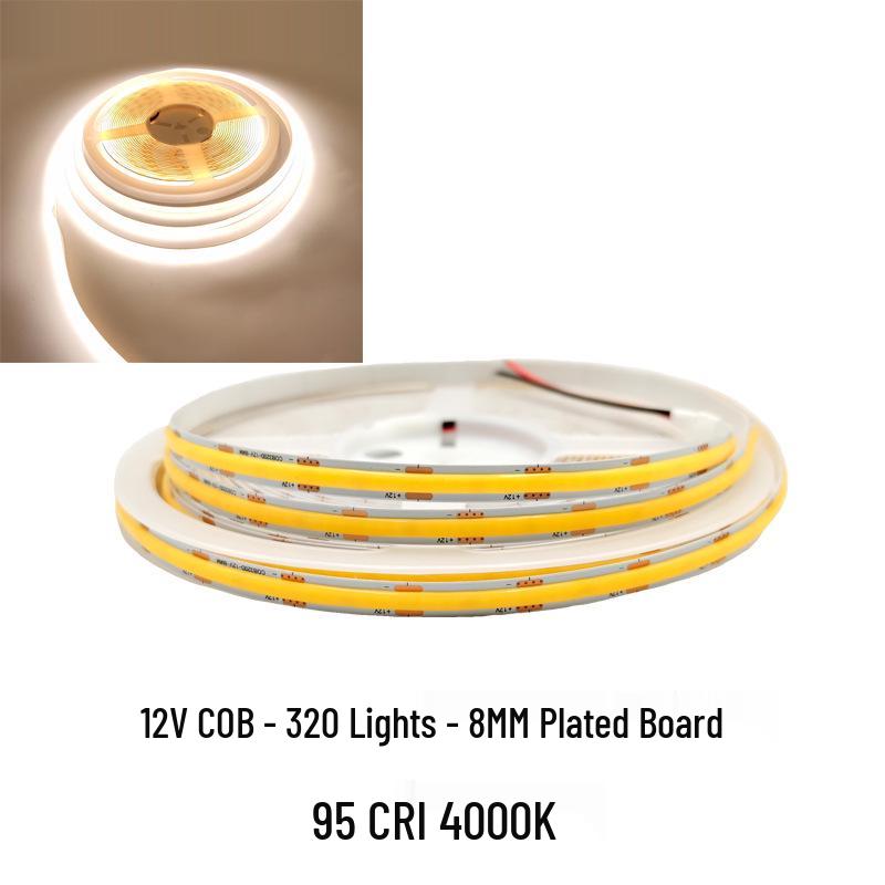 COB LED Strip Light 12V/24V, 320/480 LEDs, 8MM, 90 CRI, Self-Adhesive, Aluminum Channel.