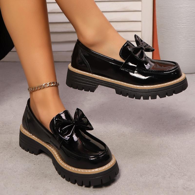 Women's Wide Width Bow Detail Loafers, Round Toe Striped Driving Shoes, British Style Retro Flats for Women