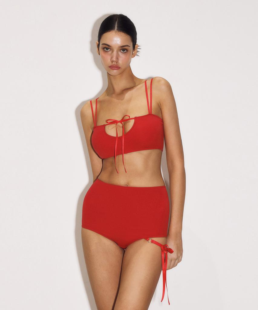 VINAJ One-Sided Ribbon High Bikini Panties (Red)