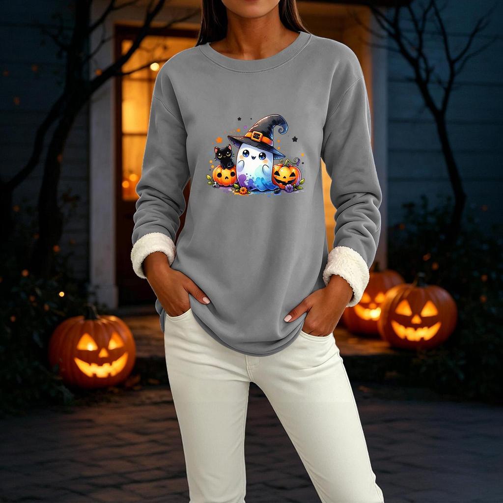 Women's Lined Round Neck Long Sleeve Halloween Print Casual Top for Winter