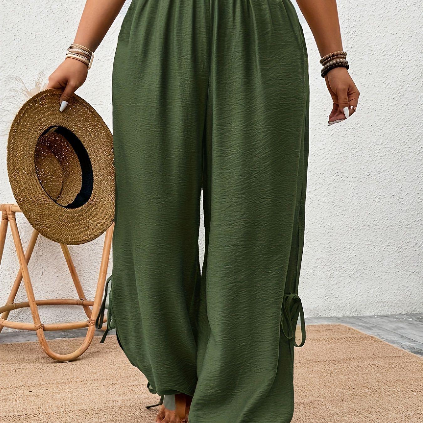 

Plus Size Women s Spring/Summer Resort Wide-Leg Split Cuffed Pants with Elastic Waist and Lace-Up Design 1XL армія зелений колір