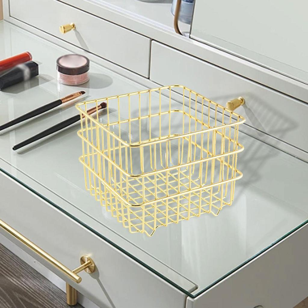 Iron Storage Basket Cosmetic Organizer Square Sturdy Snack Bin Wire for Bedroom Kitchen