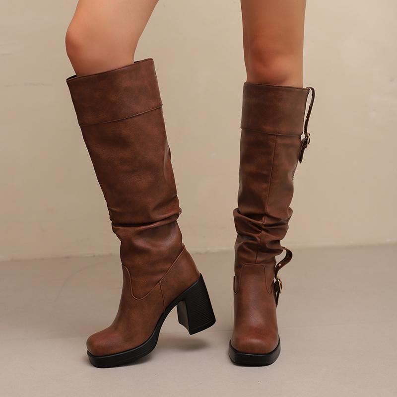 Women's High-heeled Boots Autumn and Winter Thick-heeled Large-size Casual Boots Roman Medium Boots