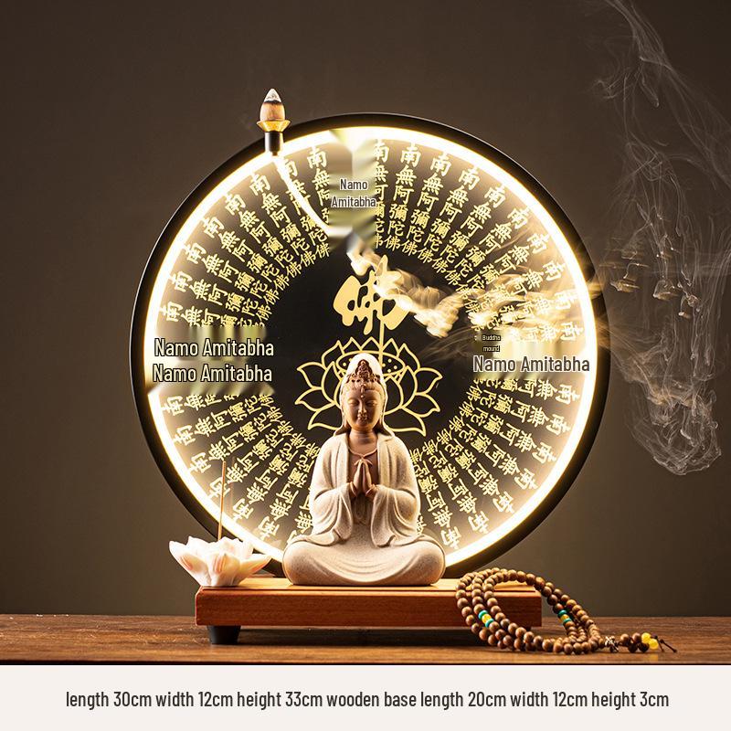 Ceramic Seated Guanyin On Lotus with Light Ring and Anjali Mudra for Home Decor