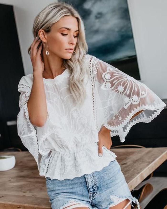 Women s Lace Short Top with Hollow Out Pattern, Ruffle Hem, Flared Sleeves, Multiple Colors XXL белый