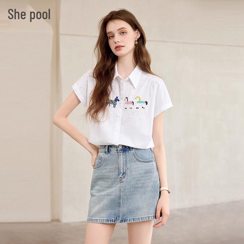 Women s Cartoon Embroidered Cotton Linen Short-Sleeve Shirt L
