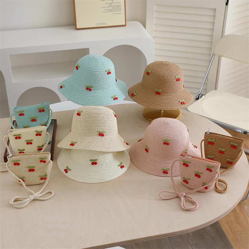 Freedom Outdoors Unisex Kids Children's Straw Hat Cherry Bag Summer Korean Version Wide Brim Sun Hats Girl Baby Parent-Child Outdoor Travel Cap Bob 52-54Cm