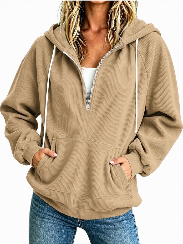New European and American Women's Clothing Semi-zipper Hooded Sweater Loose Long-sleeved Drawstring Casual Top Spot Women