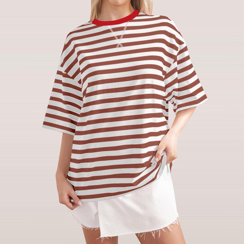 Women's Large Striped Color Blocking Short Sleeved Round Neck Sports Shirt Casual Loose Pullover Top