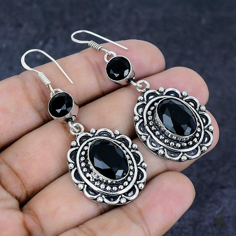 Natural Black Spinel Gemstone Handmade 925 Sterling Silver Earring 2.36" P5e79