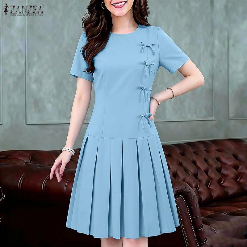 ZANZEA Women Casual Round Neck Solid Color Short Sleeve Dress