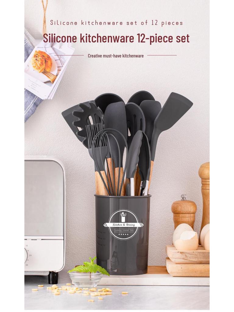 12-Piece High-Temperature-Resistant Silicone Kitchen Utensil Set with Wooden Handles
