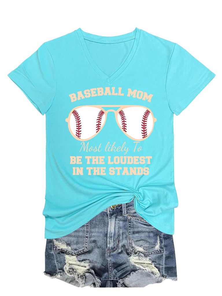 Summer New Short Sleeve Tshirt Baseball Mom Print Loose Vneck Casual Fashion Top