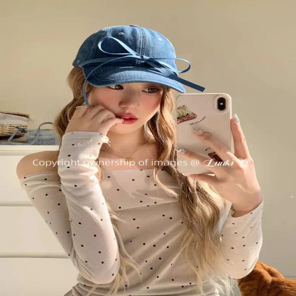 Practical Denim Baseball Caps Breathable Windproof Women's Hats Sunshade Bow Knot Peaked Cap