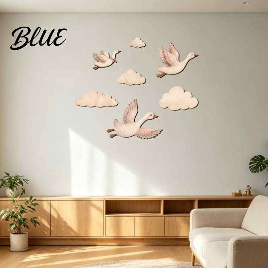 Handmade Poplar Wood Wall Hanging 7Pcs/Set Wooden Flying Goose and Cloud Art Decor for Nursery, Self-Adhesive Bohemian Boho Kids Bedroom Decoration