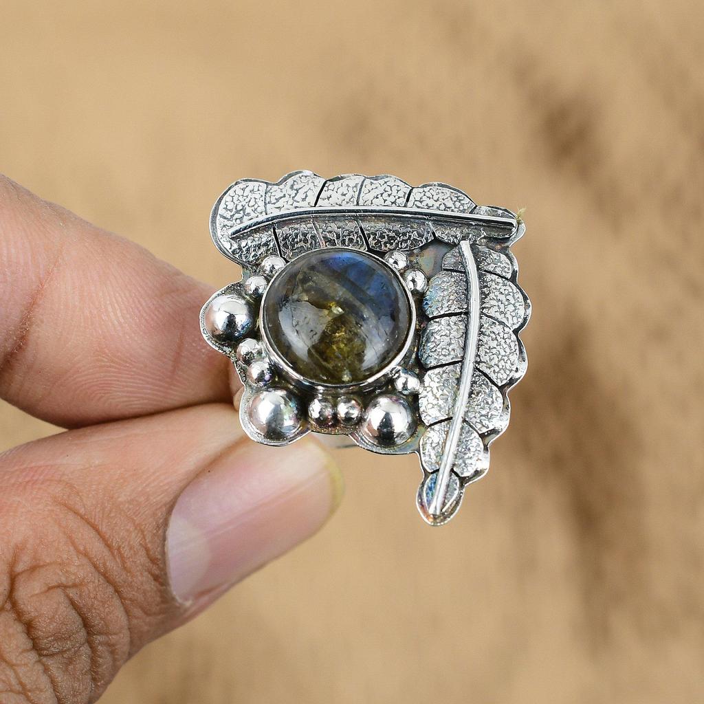 Sterling Silver Round Natural Labradorite Promise Wife Handmade Handcrafted Ring