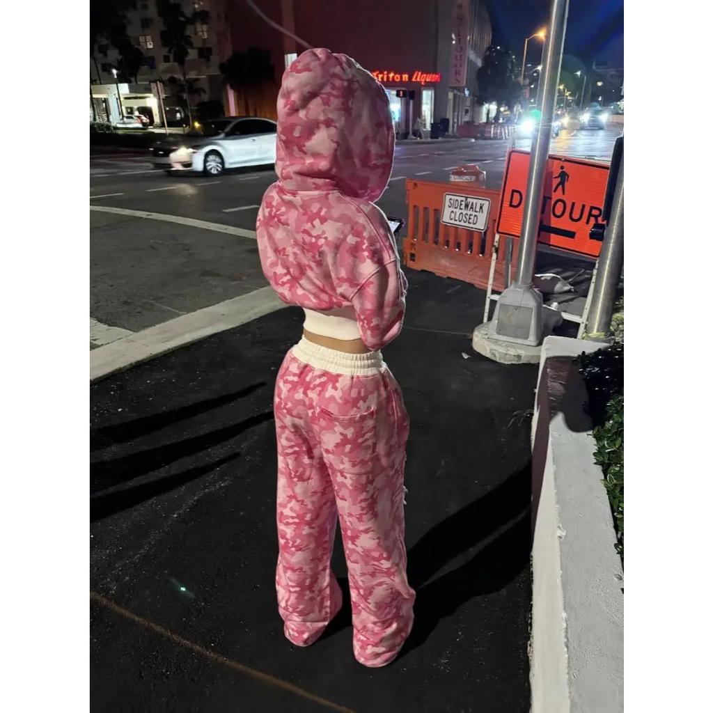 STREETRICH Fashion Y2K Camouflage Hooded Two Piece Sets Women Zipper Long Sleeve Crop Top and Pants Outfits Autumn 2pcs Streetwear