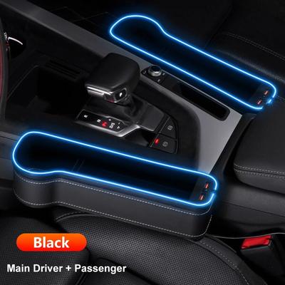 Neue Auto-Aufbewahrungsbox mit 2 USB-Ladegeräten, bunte LED-Sitzlücke, Schlitztasche, Sitz-Organizer, Karte, Telefon, Flaschenbecherhalter