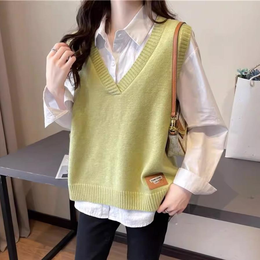 

Dimanaf 2024 Осенние свитера с v-образным вырезом, жилет для женщин, вязаный модный базовый повседневный стиль, свободный свитер