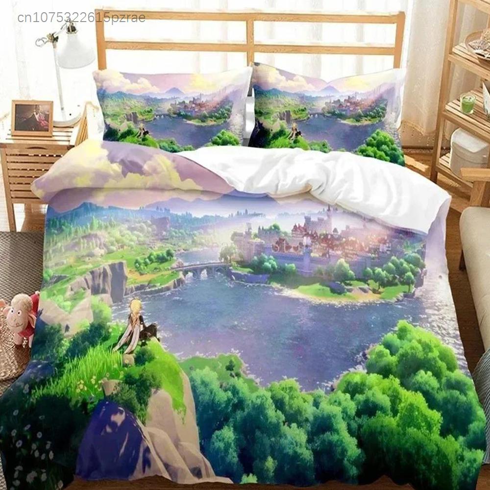 Genshin Impact Bettwäsche-Set Bettbezug Laken Bedrucktes Bettset Kissenbezug Bett Voll Queen King Size Bettdecke Schlafzimmer