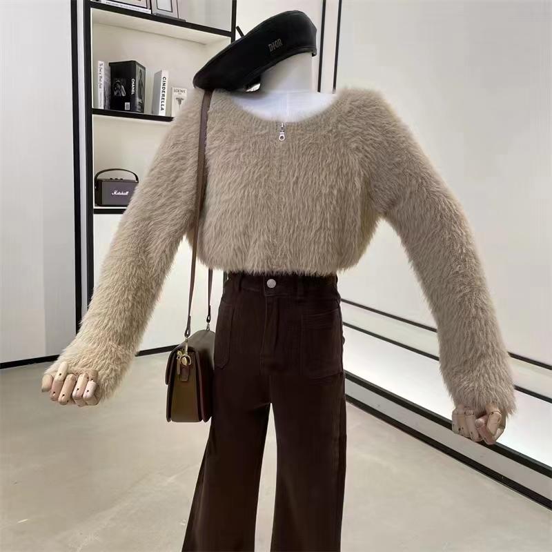 

Осенний плюшевый свитер с круглым вырезом и длинными рукавами, модная короткая куртка из норки на молнии 6696# One Size хаки