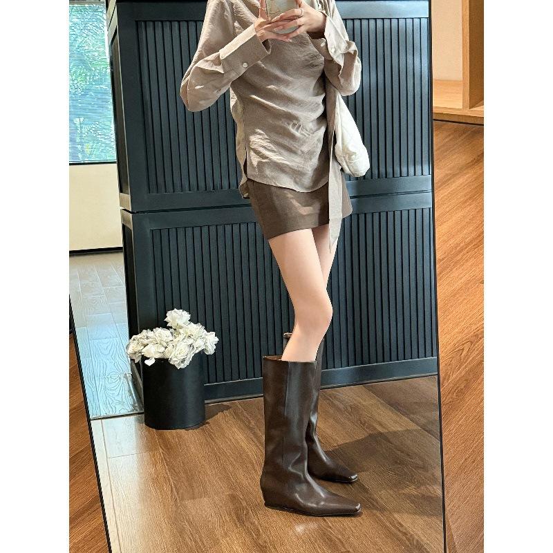 Cowhide version~ Maillard wide tube square head knight boots women's inner height increase and thin boots brown knee boots
