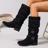 Women's Wide Width Suede Riding Boots, Chunky Heel Round Toe Knee High Boots, Buckle Detail Stacked Foldable Long Boots